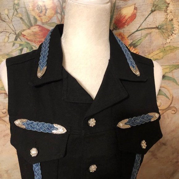 Sz S Watch LA Vintage 90’s Boho Western Black Denim Vest Rodeo - Picture 3 of 16